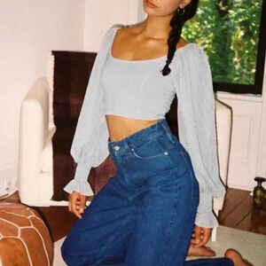 Urban Outfitters Cynthia Clip Dot Sleeve Blue Crop Top Size M